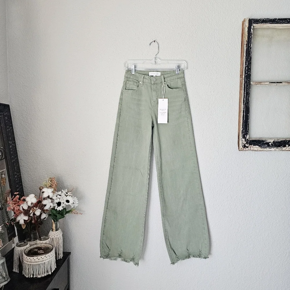RISEN High Rise Wide Leg Olive Denim Jeans Classic Frayed Hem Size 1/25 NEW - Picture 3 of 15